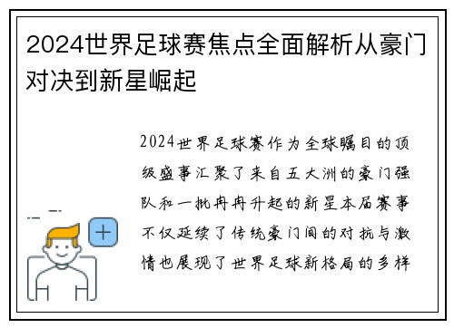 2024世界足球赛焦点全面解析从豪门对决到新星崛起